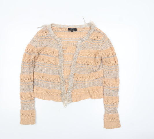 Opus London Women's Beige Striped Fringe Knit Cardigan Size 8