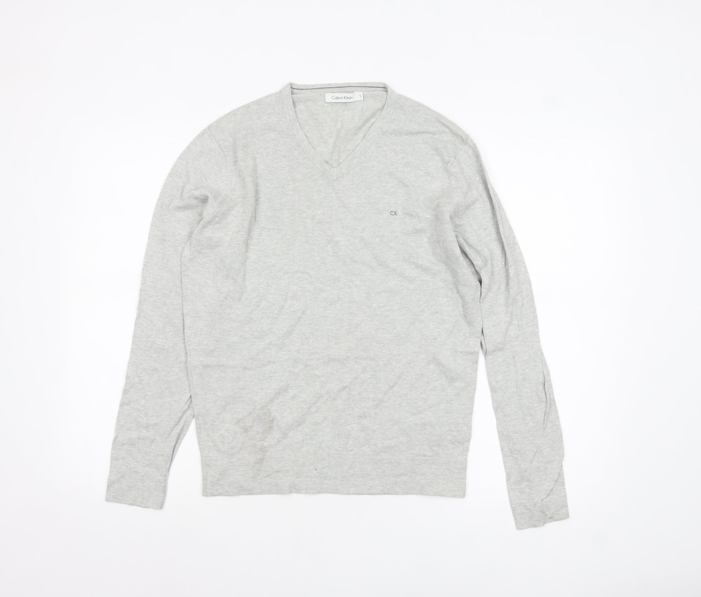 Calvin Klein Men's Grey Cotton V-Neck Jumper Size S