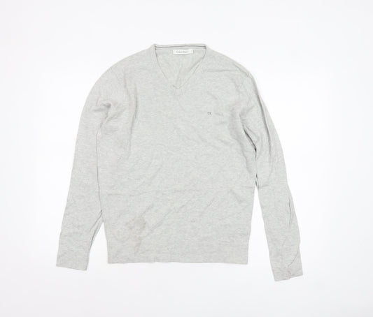 Calvin Klein Men's Grey Cotton V-Neck Jumper Size S