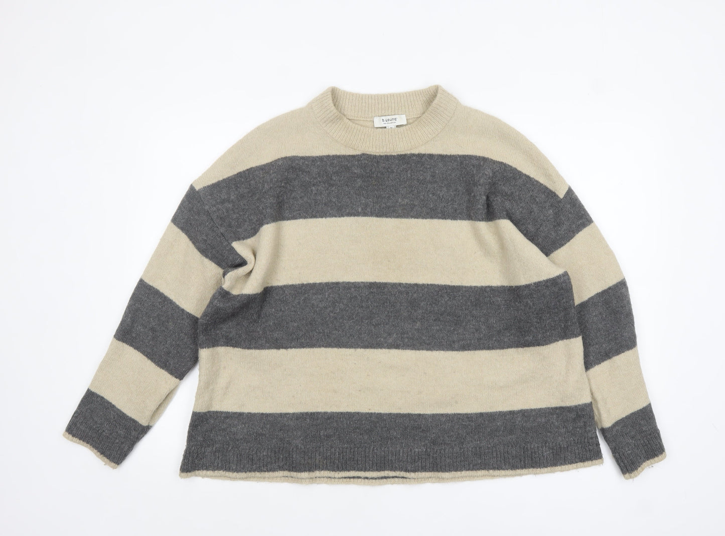 b.young Women's Grey Stripe Wool Blend Crew Neck Jumper Size M