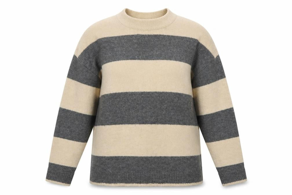 b.young Women's Grey Stripe Wool Blend Crew Neck Jumper Size M