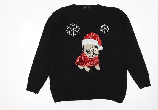 Select Womens Black Christmas Dog Sequin Jumper L