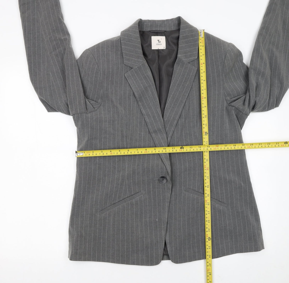 Tu Women’s Grey Pinstripe Blazer Size 16 Regular Fit Single-Breasted