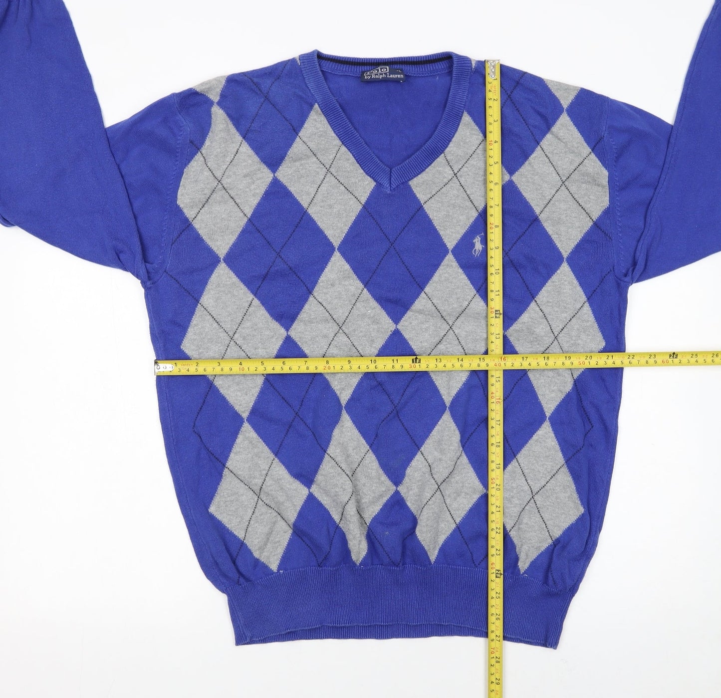 Polo Ralph Lauren Men's Blue Argyle V-Neck Cotton Jumper XL