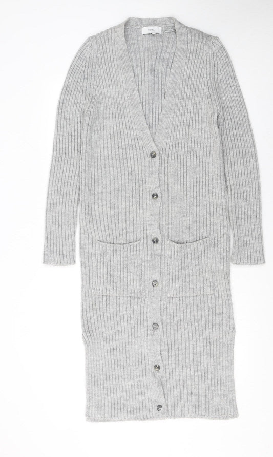 Next Womens Grey Ribbed Knit Longline V-Neck Cardigan M