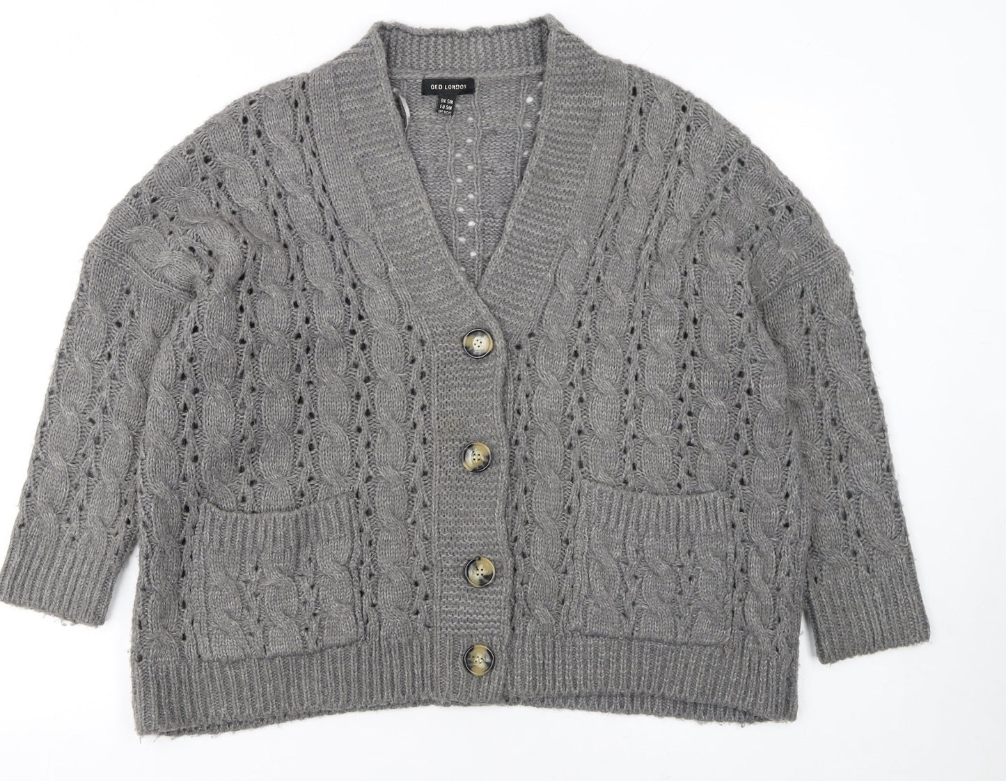 QED London Women's Grey Cable Knit Long Sleeve V-Neck Cardigan S