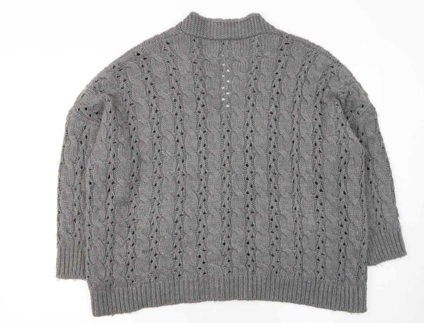 QED London Women's Grey Cable Knit Long Sleeve V-Neck Cardigan S