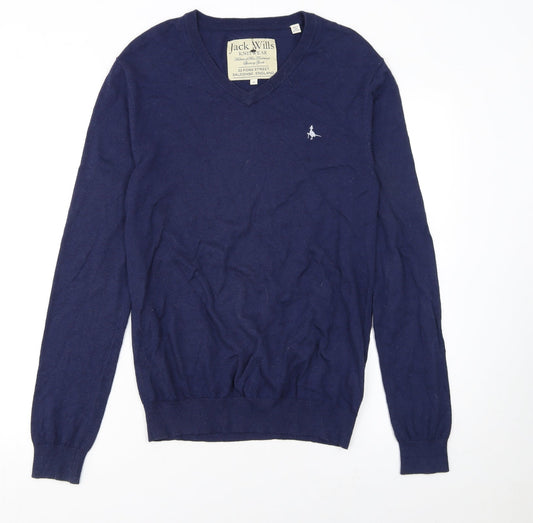 Jack Wills Men's Blue V-Neck Cotton Cashmere Jumper XS