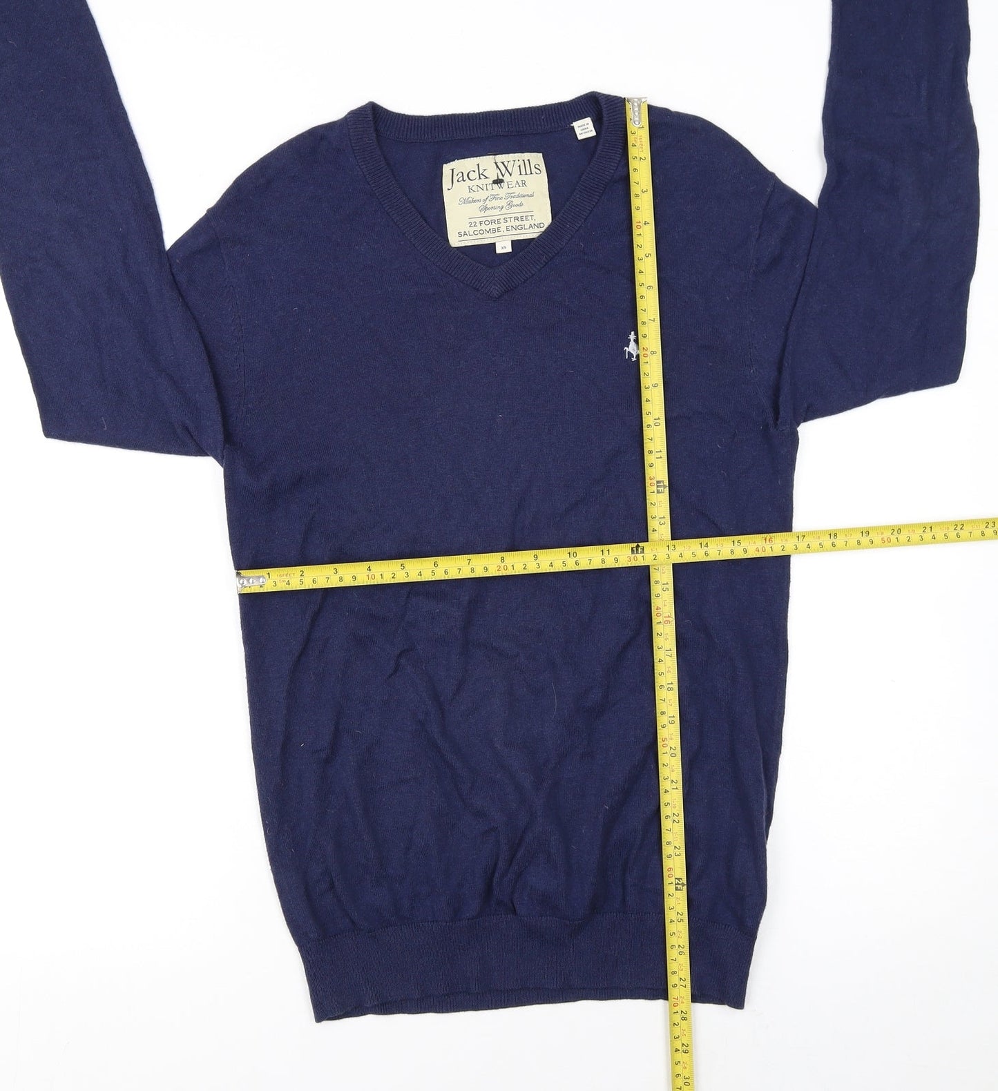 Jack Wills Men's Blue V-Neck Cotton Cashmere Jumper XS