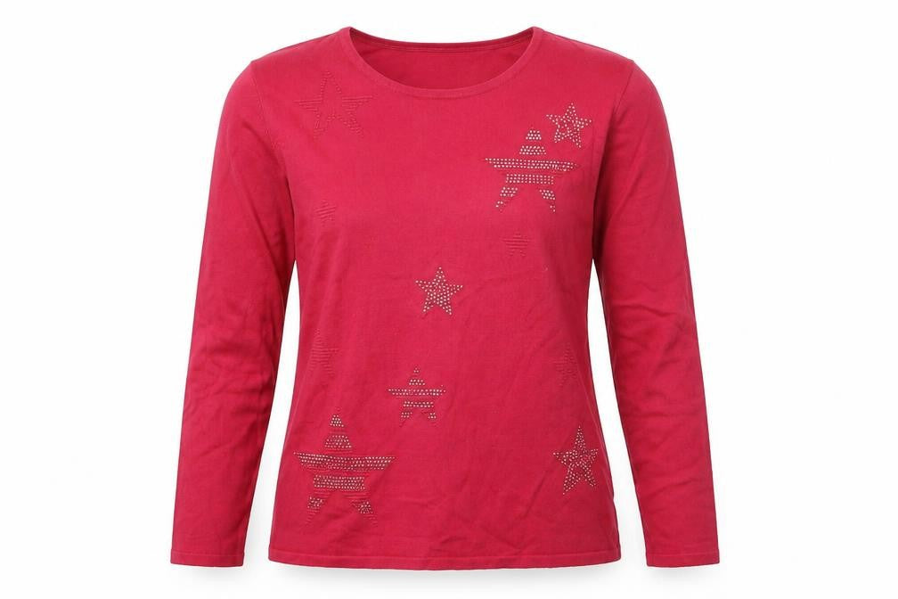 Mudflower Womens Red Star Beaded Long Sleeve Pullover Jumper M