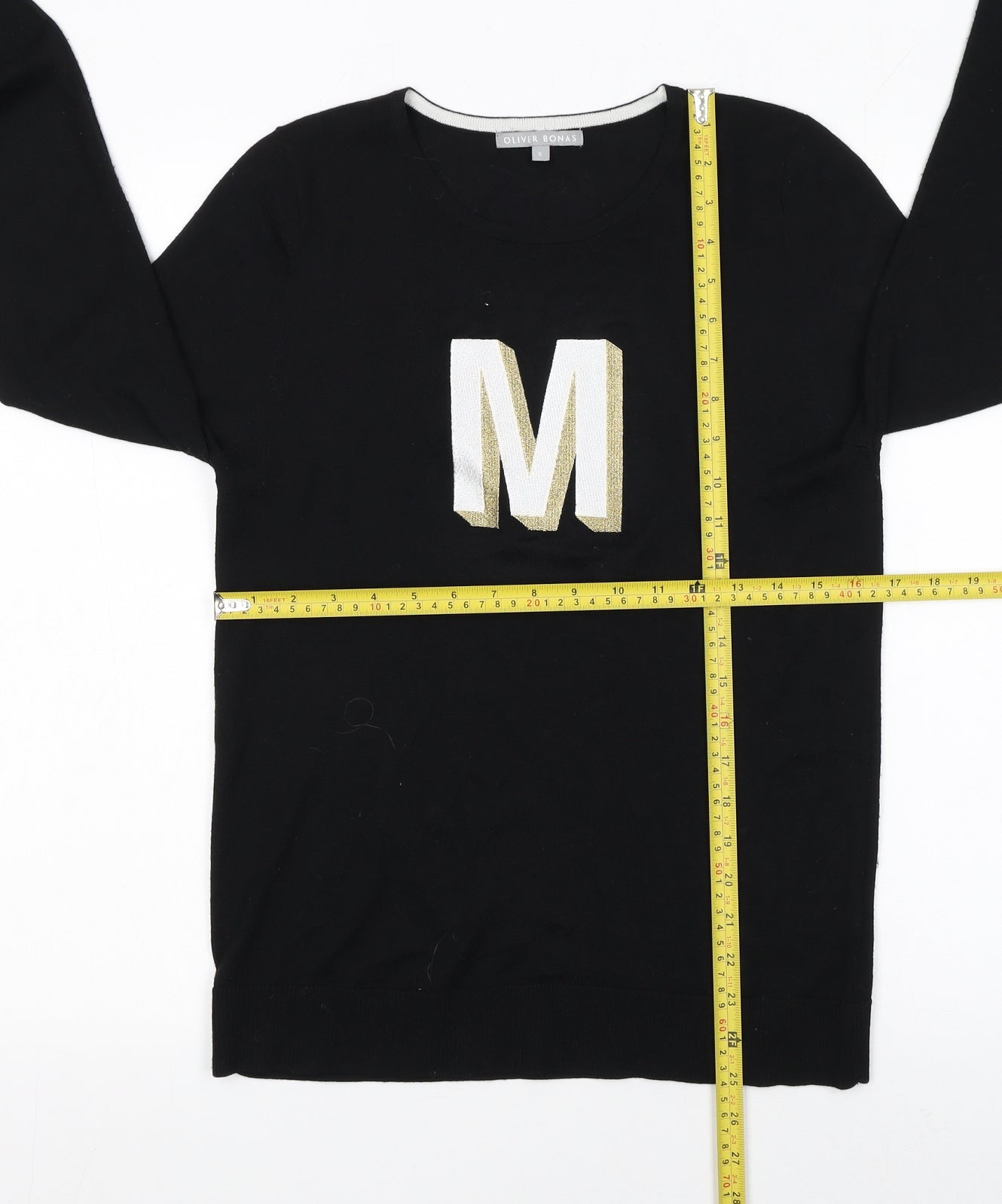 Oliver Bonas Womens Black Small Pullover Jumper with Gold M Logo
