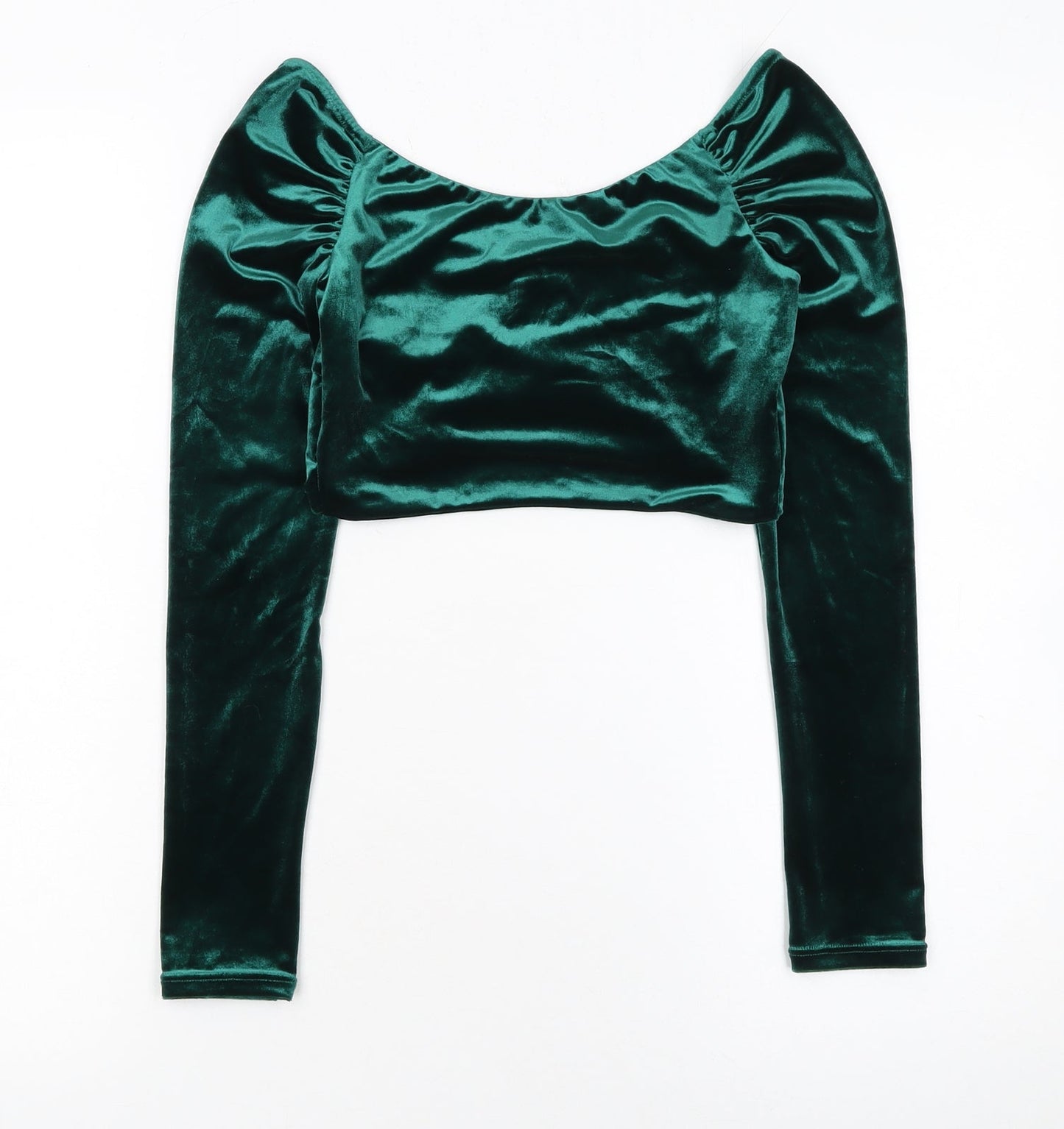 Oh Polly Women's Green Velvet Cropped Blouse Size 8 Long Sleeve