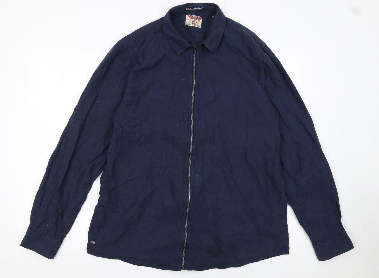 Tokyo Laundry Men's Blue Cotton Zip-Up Long Sleeve Shirt XL