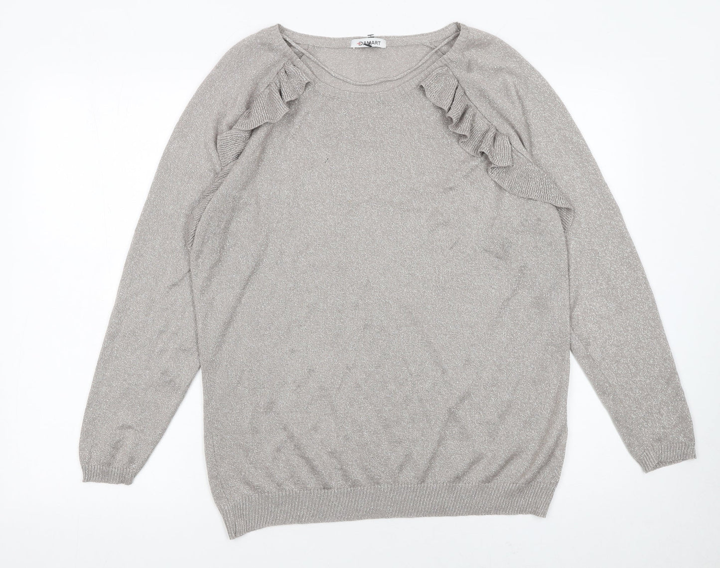 Damart Women Silver Long Sleeve Ruffle Knit Pullover Jumper L