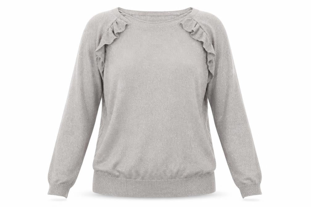 Damart Women Silver Long Sleeve Ruffle Knit Pullover Jumper L