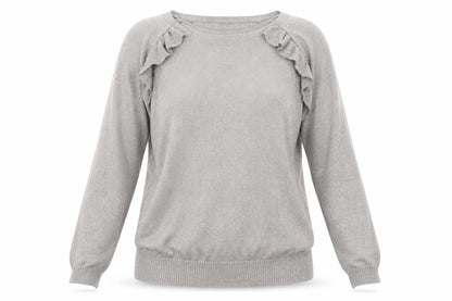 Damart Women Silver Long Sleeve Ruffle Knit Pullover Jumper L