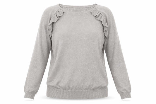 Damart Women Silver Long Sleeve Ruffle Knit Pullover Jumper L