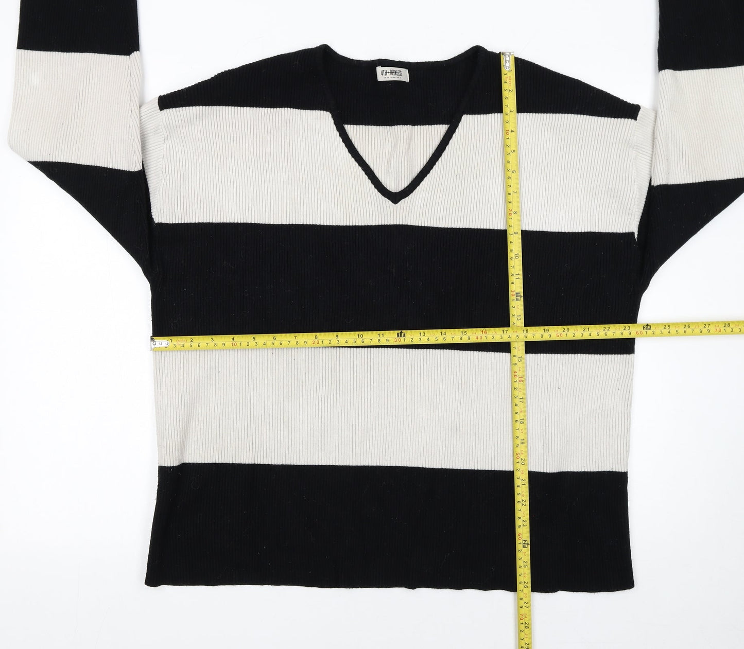 4th + Reckless Womens Black White Striped V-Neck Knit Jumper Size 20
