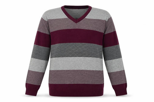 Front view of Maine New England Men’s XL Grey Stripe Cotton V-Neck Jumper