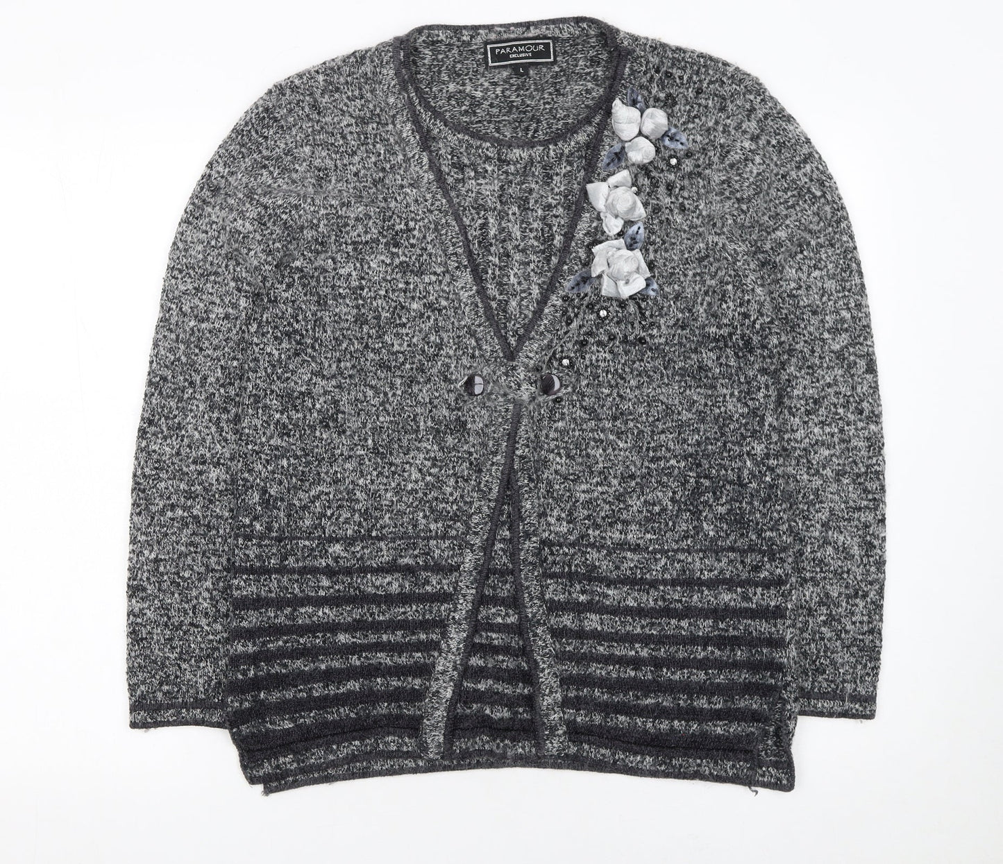 Paramour Women’s Grey Angora Blend Cardigan with Floral Embellishment Size L