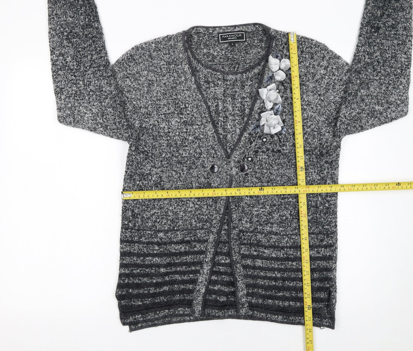 Paramour Women’s Grey Angora Blend Cardigan with Floral Embellishment Size L