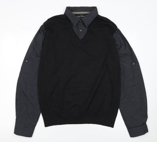 Next Men's Black V-Neck Pullover Jumper Size L Cotton Knit