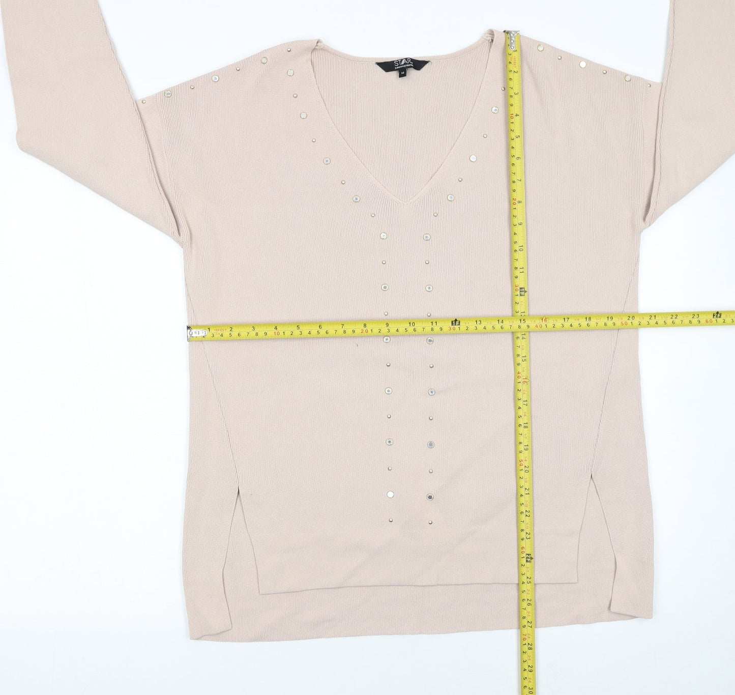 Star by Julien Macdonald Women's Beige Studded V-Neck Jumper Size 14