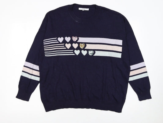 NEXT Women’s Blue Sequin Heart Striped Crew Neck Jumper Size L