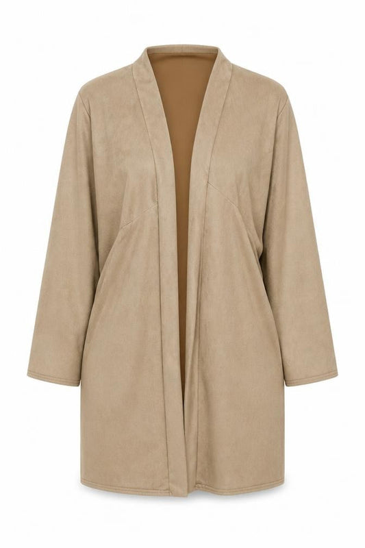 Nicole Collection Women Beige Longline Coatigan XL Open Front Suede Look