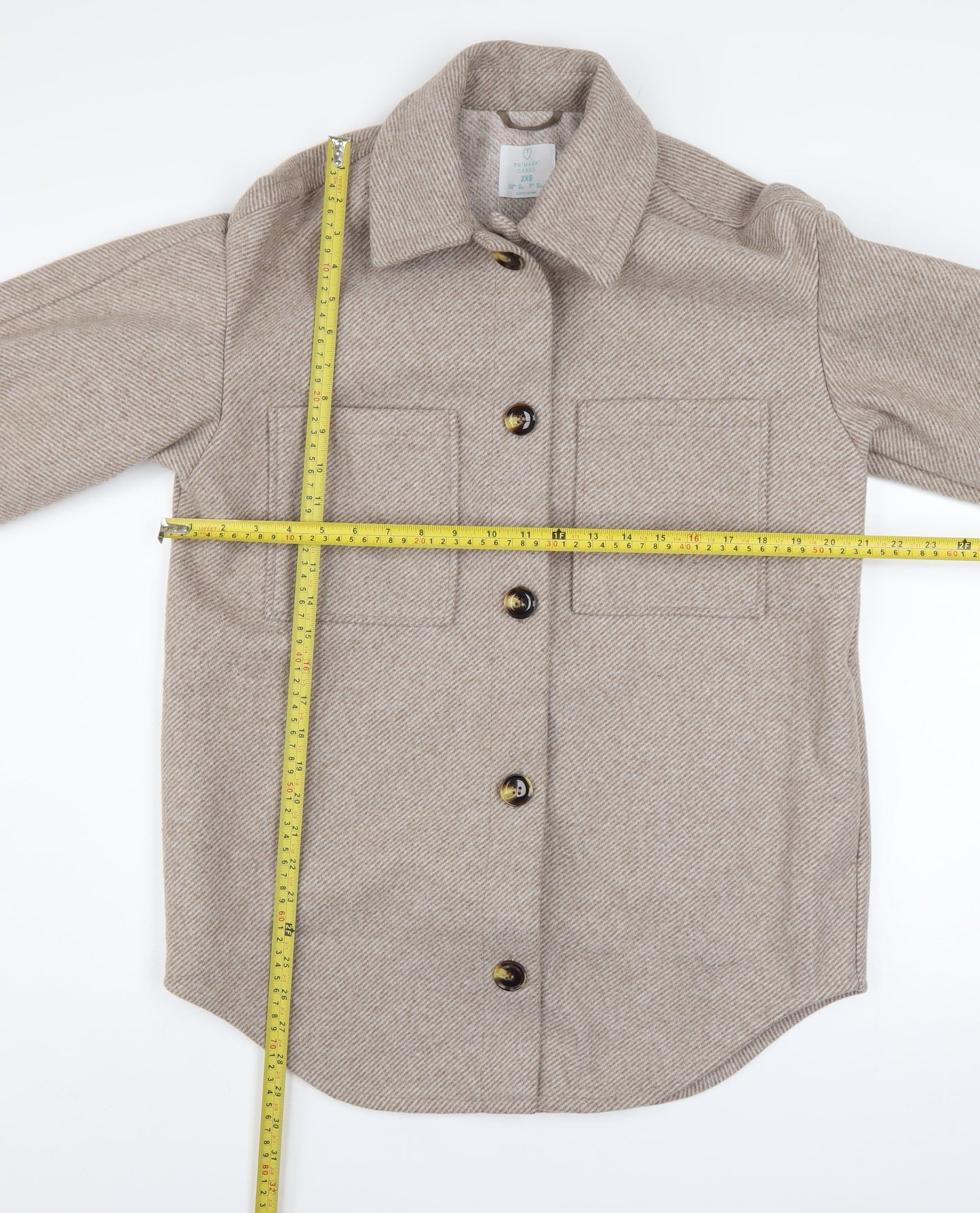 Primark Women Beige Herringbone Wool Blend Shacket Jacket 2XS