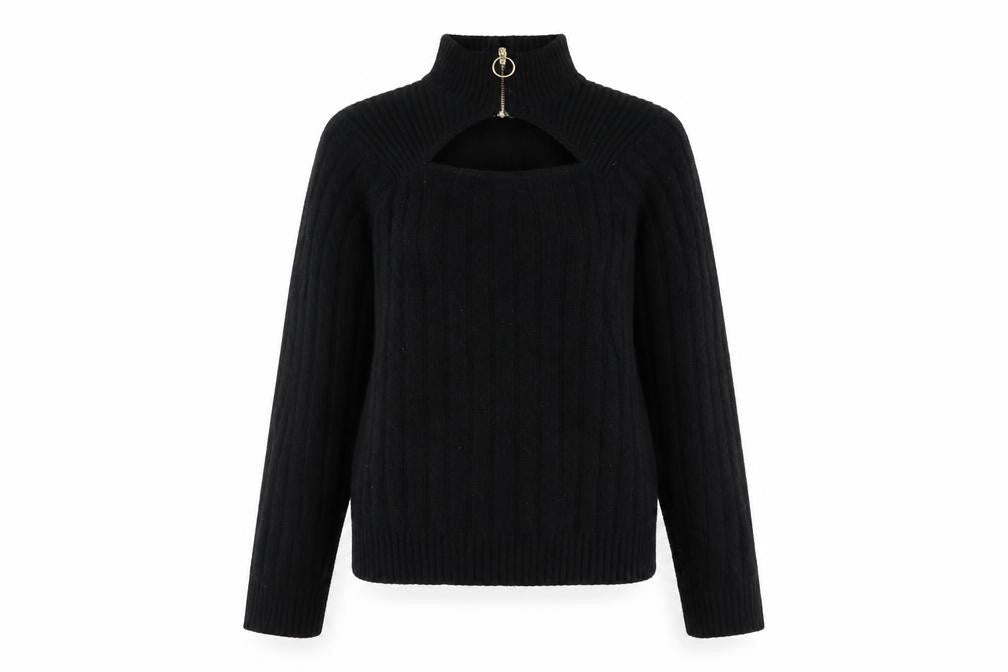 QED London Women's Black High Neck Zip Detail Knit Jumper Size L