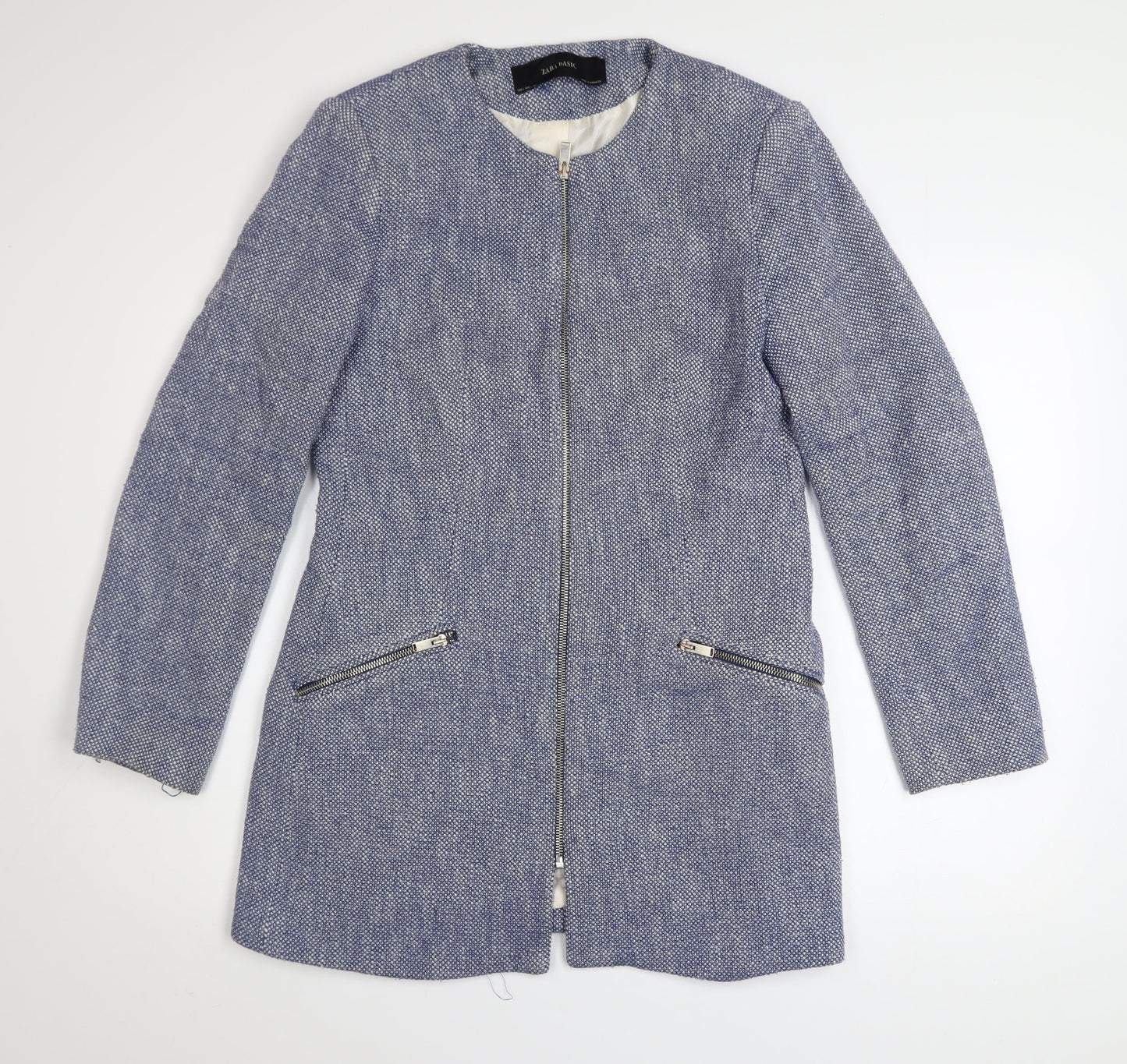 Zara Blue Tweed Women's Mid-Length Zip Coat Size 14