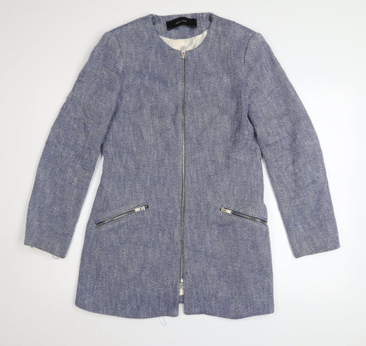 Zara Blue Tweed Women's Mid-Length Zip Coat Size 14