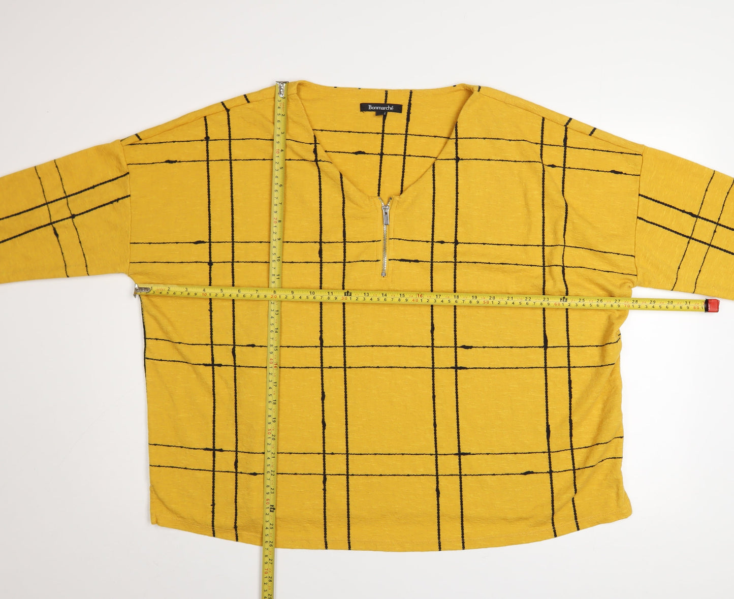 Bonmarché Women’s Yellow Check Zip V-Neck Jumper Size 22