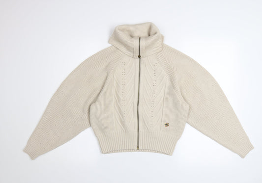 Ted Baker Women's Beige Roll Neck Full Zip Ribbed Knit Jumper XS