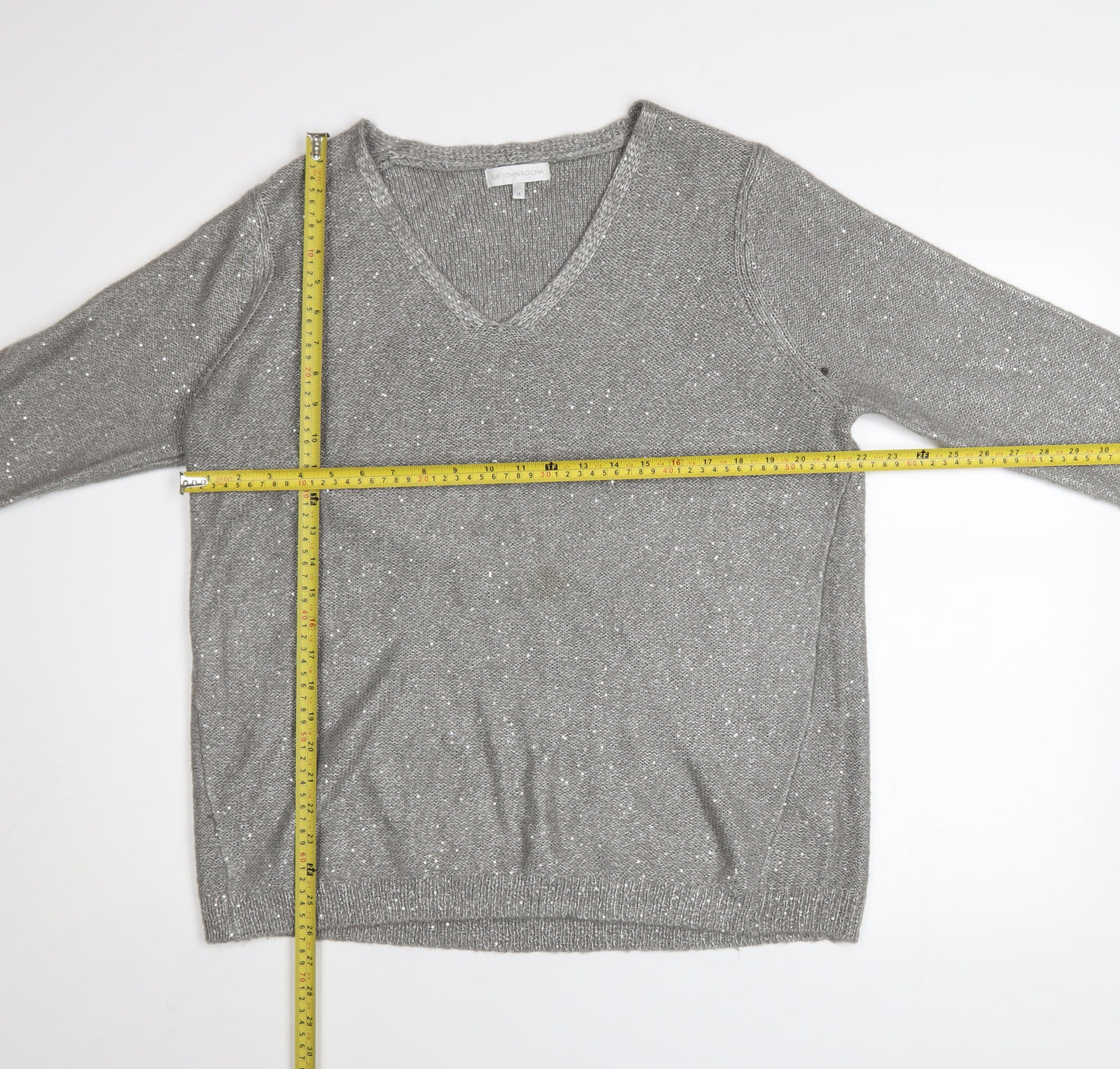 RJR John Rocha Women's Grey Sequin V-Neck Pullover Jumper Size 18