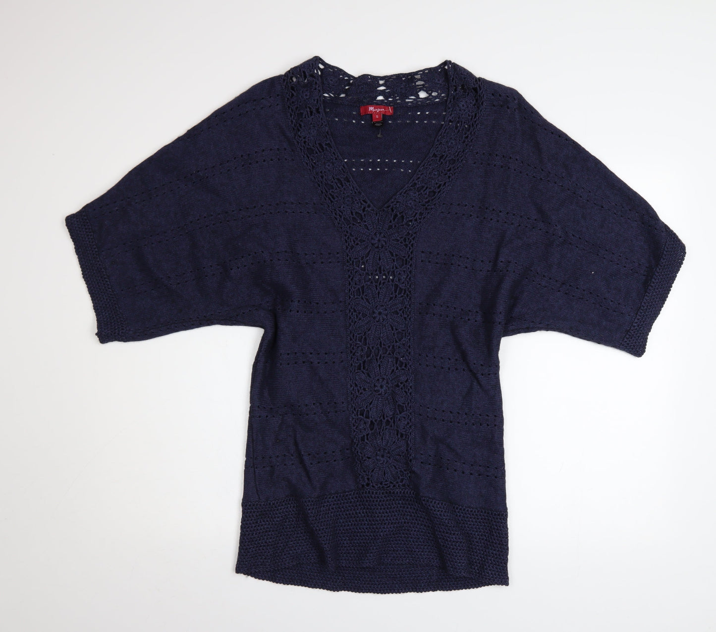 Monsoon Women's Blue Crochet Knit V-Neck Short Sleeve Jumper Size S