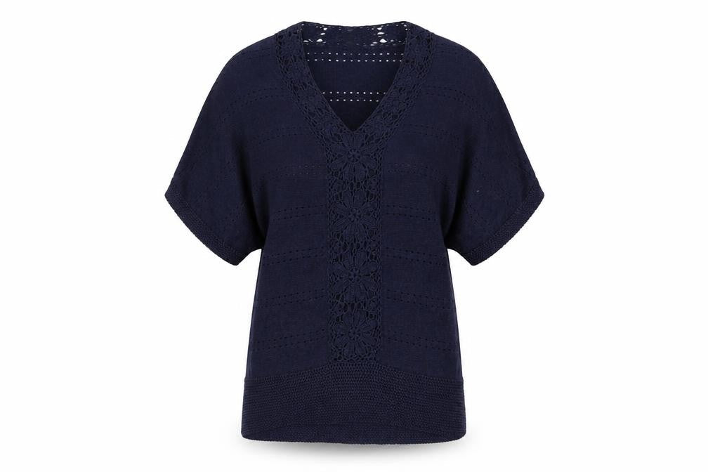 Monsoon Women's Blue Crochet Knit V-Neck Short Sleeve Jumper Size S