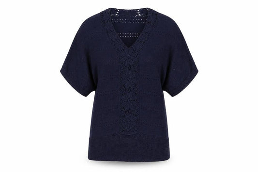 Monsoon Women's Blue Crochet Knit V-Neck Short Sleeve Jumper Size S