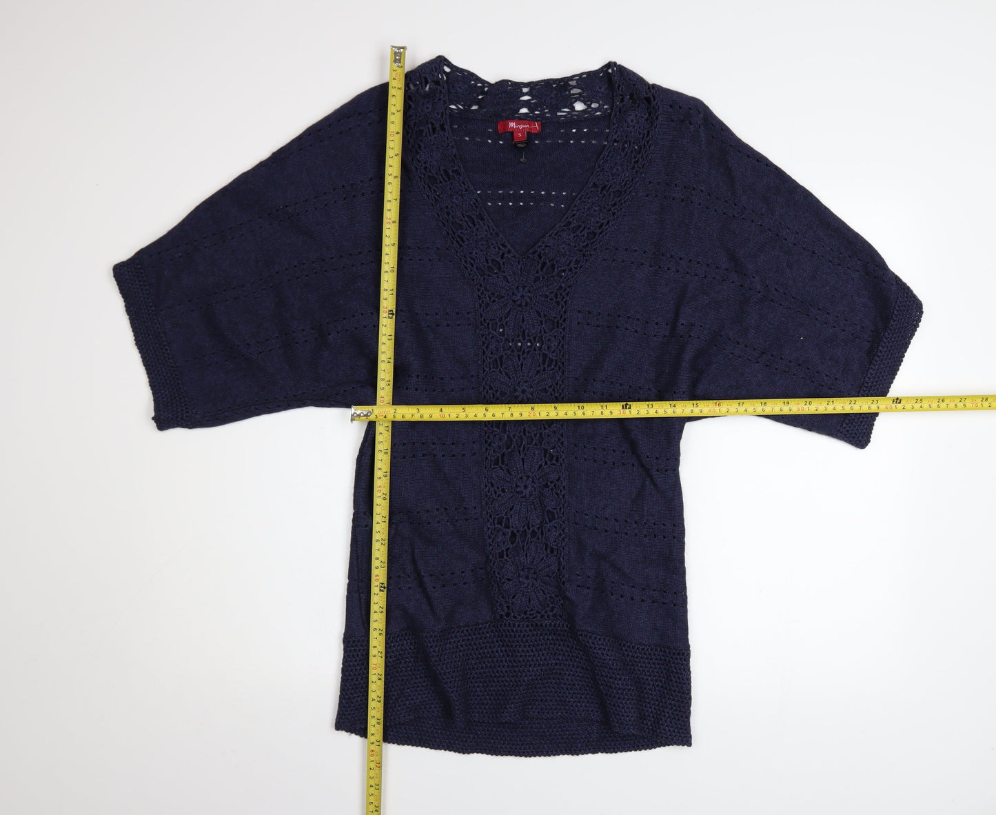 Monsoon Women's Blue Crochet Knit V-Neck Short Sleeve Jumper Size S