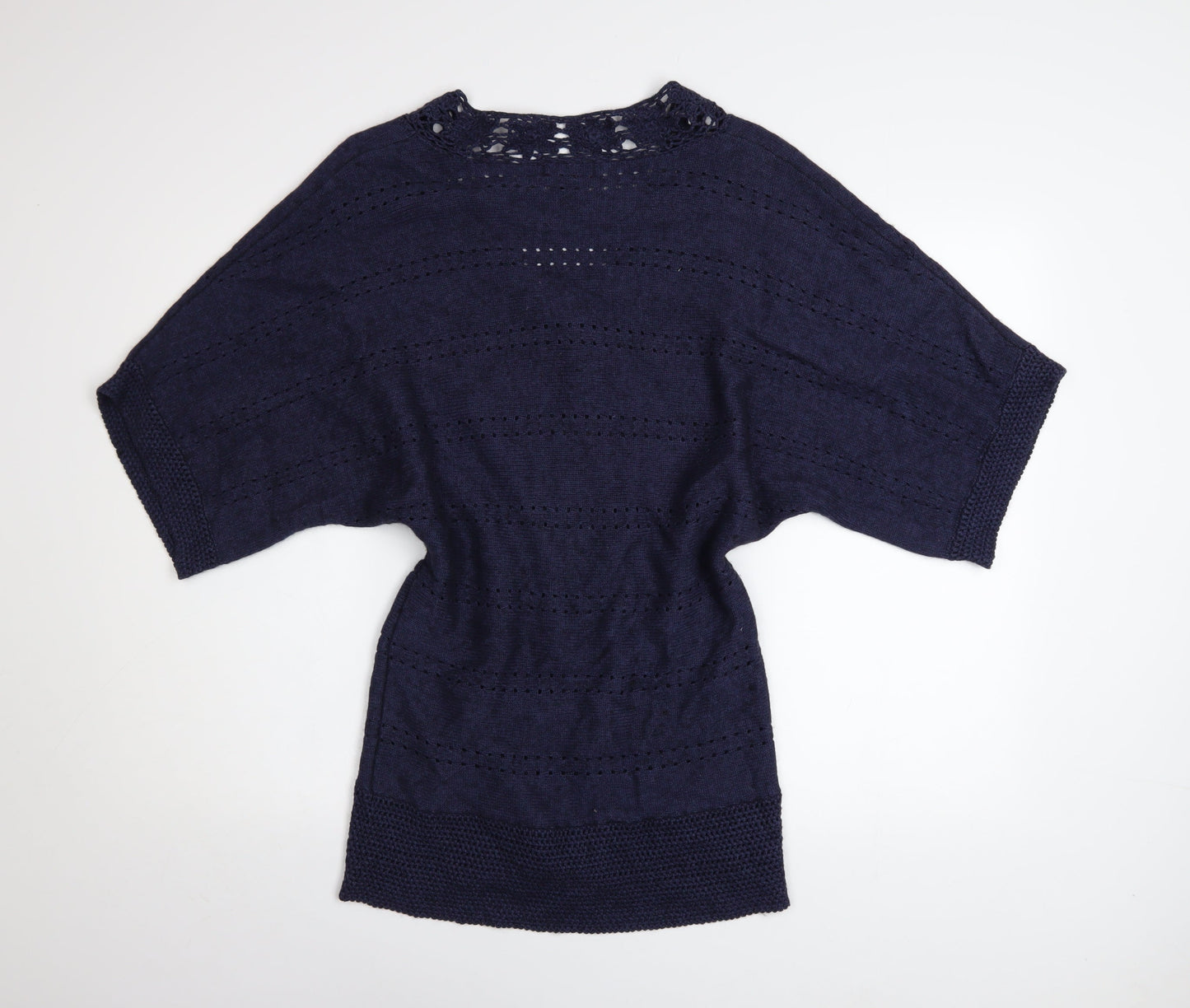 Monsoon Women's Blue Crochet Knit V-Neck Short Sleeve Jumper Size S