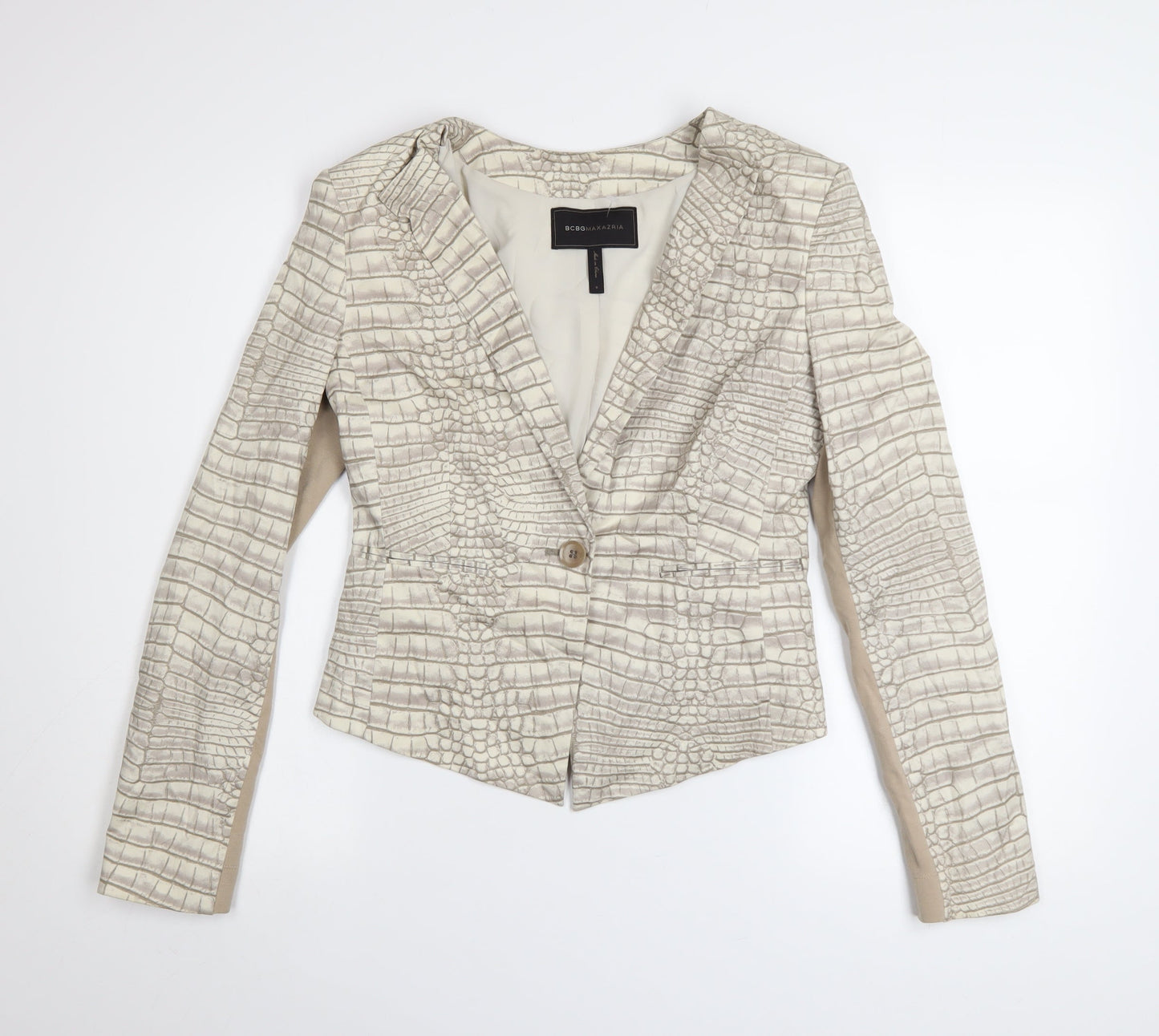 BCBGMAXAZRIA Women's Beige Croc Print Cotton Blend Blazer Jacket Size S