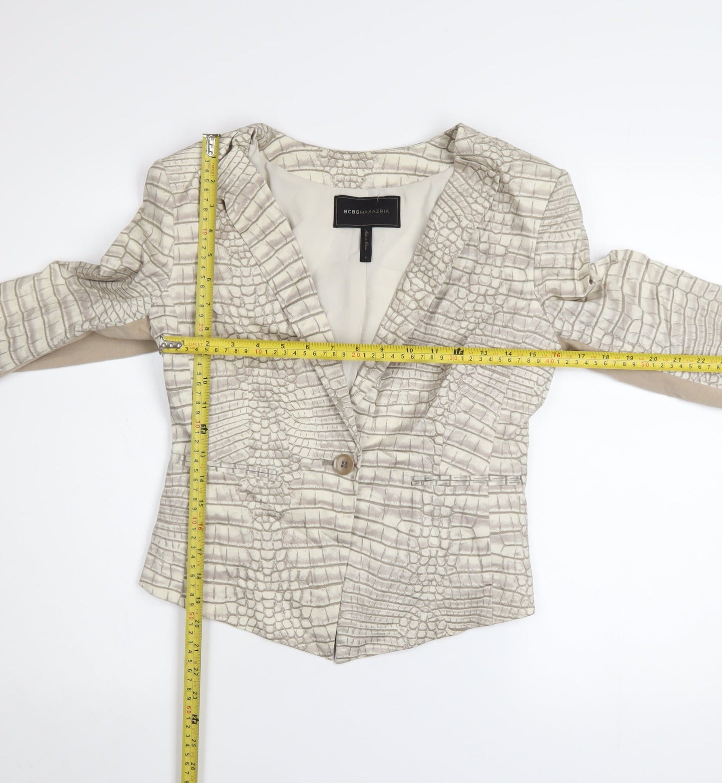 BCBGMAXAZRIA Women's Beige Croc Print Cotton Blend Blazer Jacket Size S