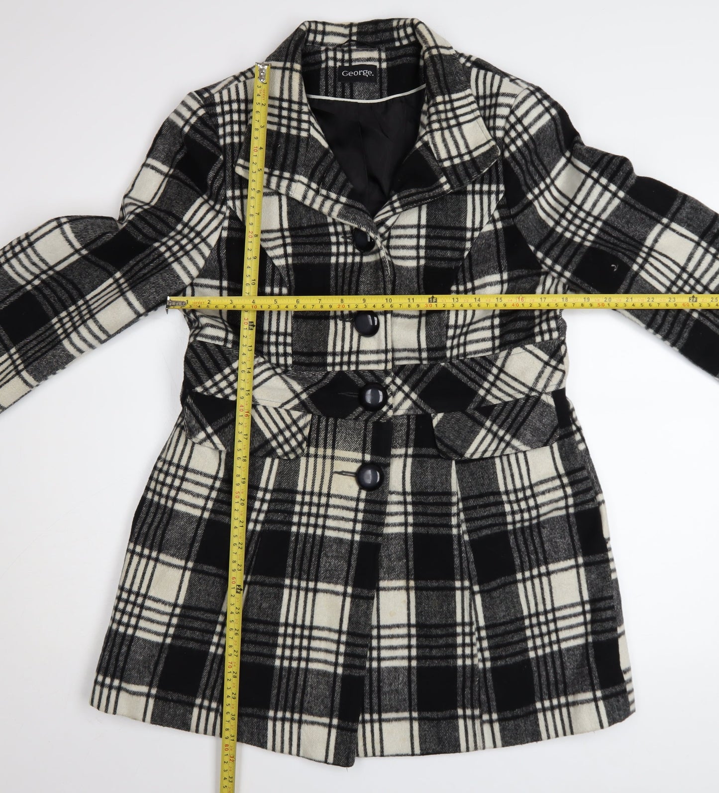 George Women’s Black Check Wool Blend Mid-Length Coat Size 14