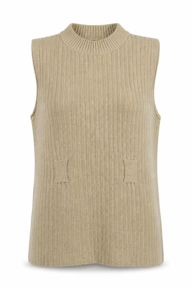 QED London Women's Beige Rib Knit Sleeveless Vest Jumper M