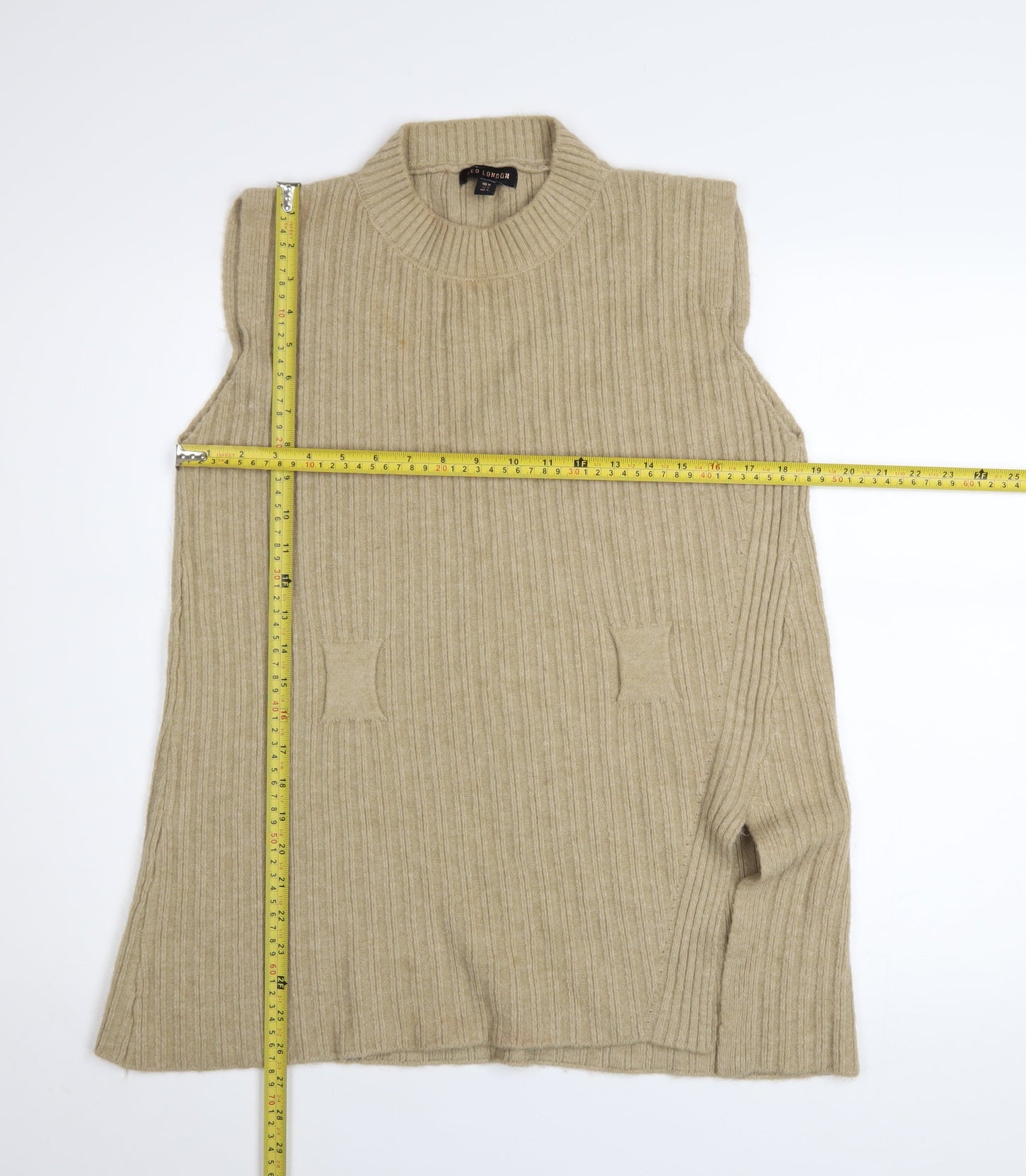 QED London Women's Beige Rib Knit Sleeveless Vest Jumper M