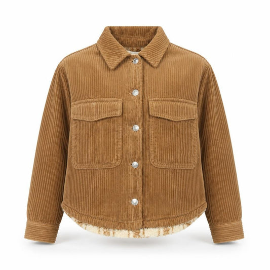 Front view of Zara girls’ brown corduroy sherpa lined shirt jacket 9-10 years