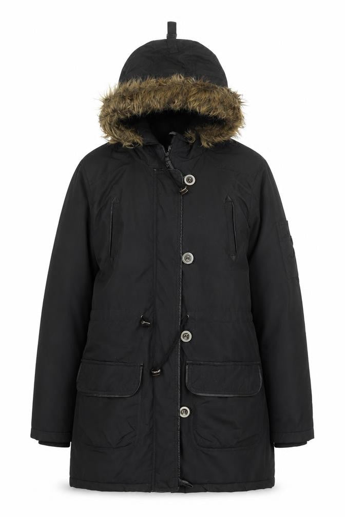 Fluid Womens Black Faux Fur Hooded Parka Coat Size 12