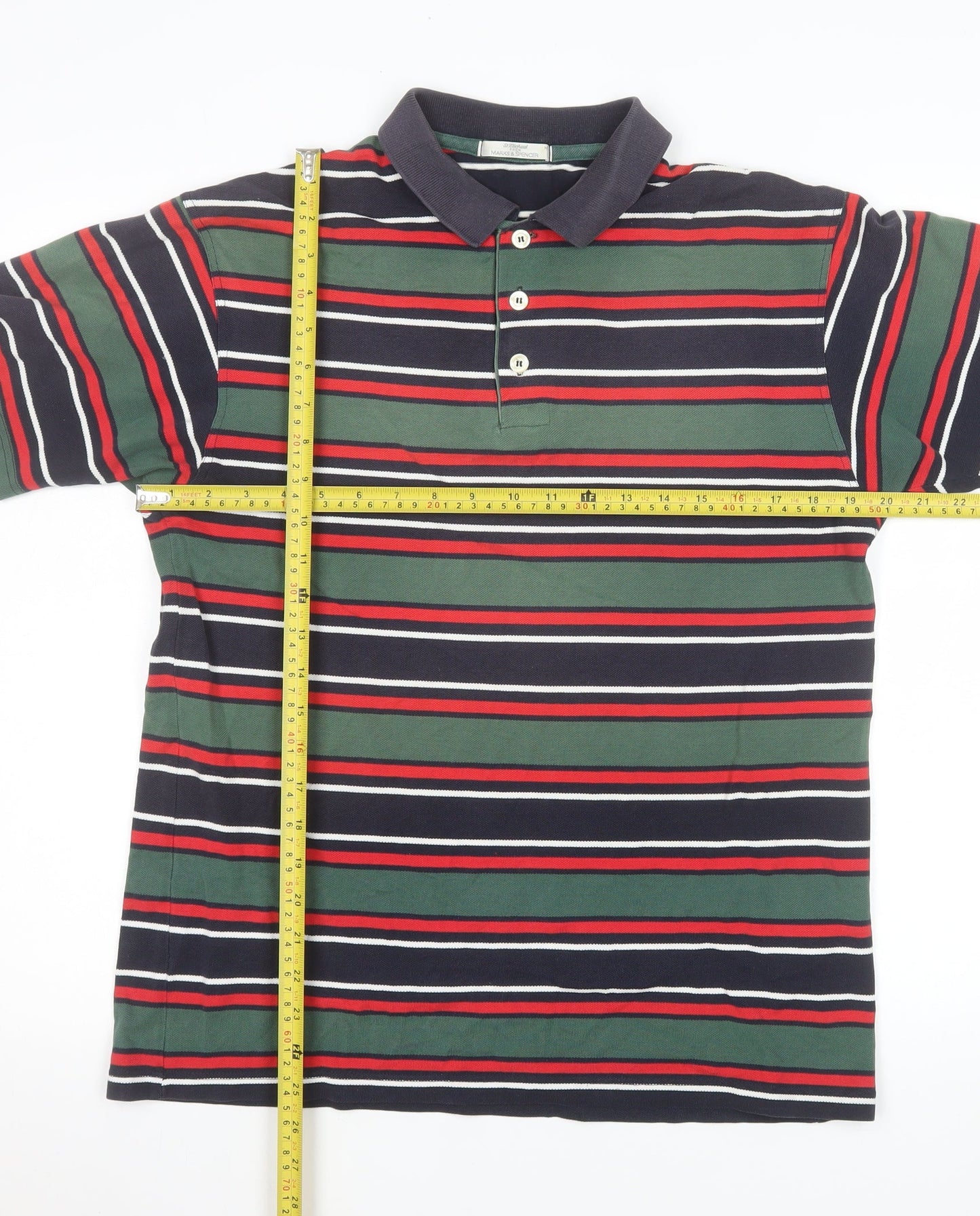 Marks and Spencer Mens Green Navy Striped Polo Shirt Size M Classic Fit
