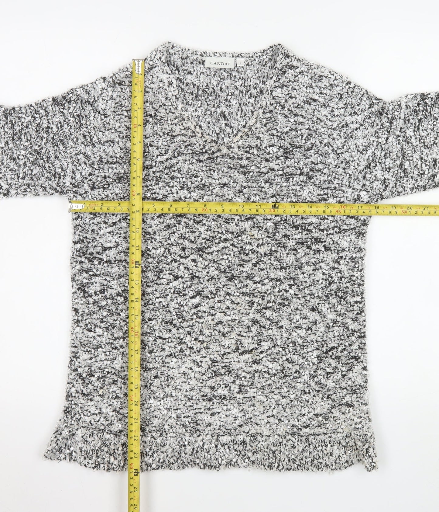 Canda Women’s Grey Chunky Knit V-Neck Pullover Jumper Size S